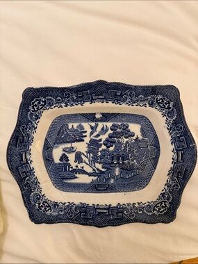 Willow White Rectangular Ironstone Platter with Blue Maker's Mark
